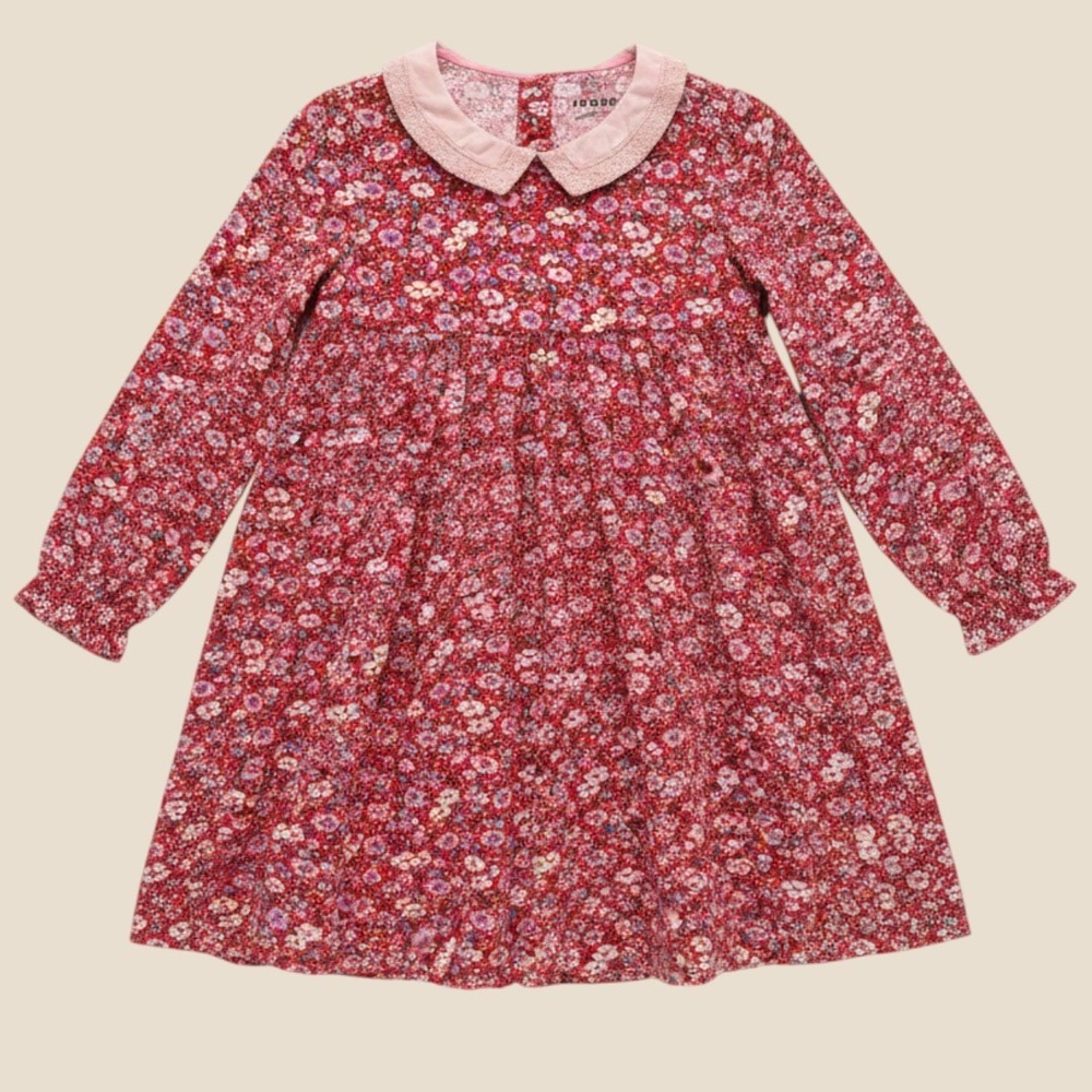 Mini Boden Girls Red Floral Jersey Dress Pink Lace Peter‎ Pan Collar 7-8Y